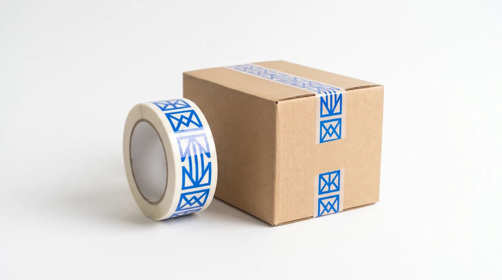 Rollo de cinta adhesiva personalizada con logo impreso junto a una caja sellada